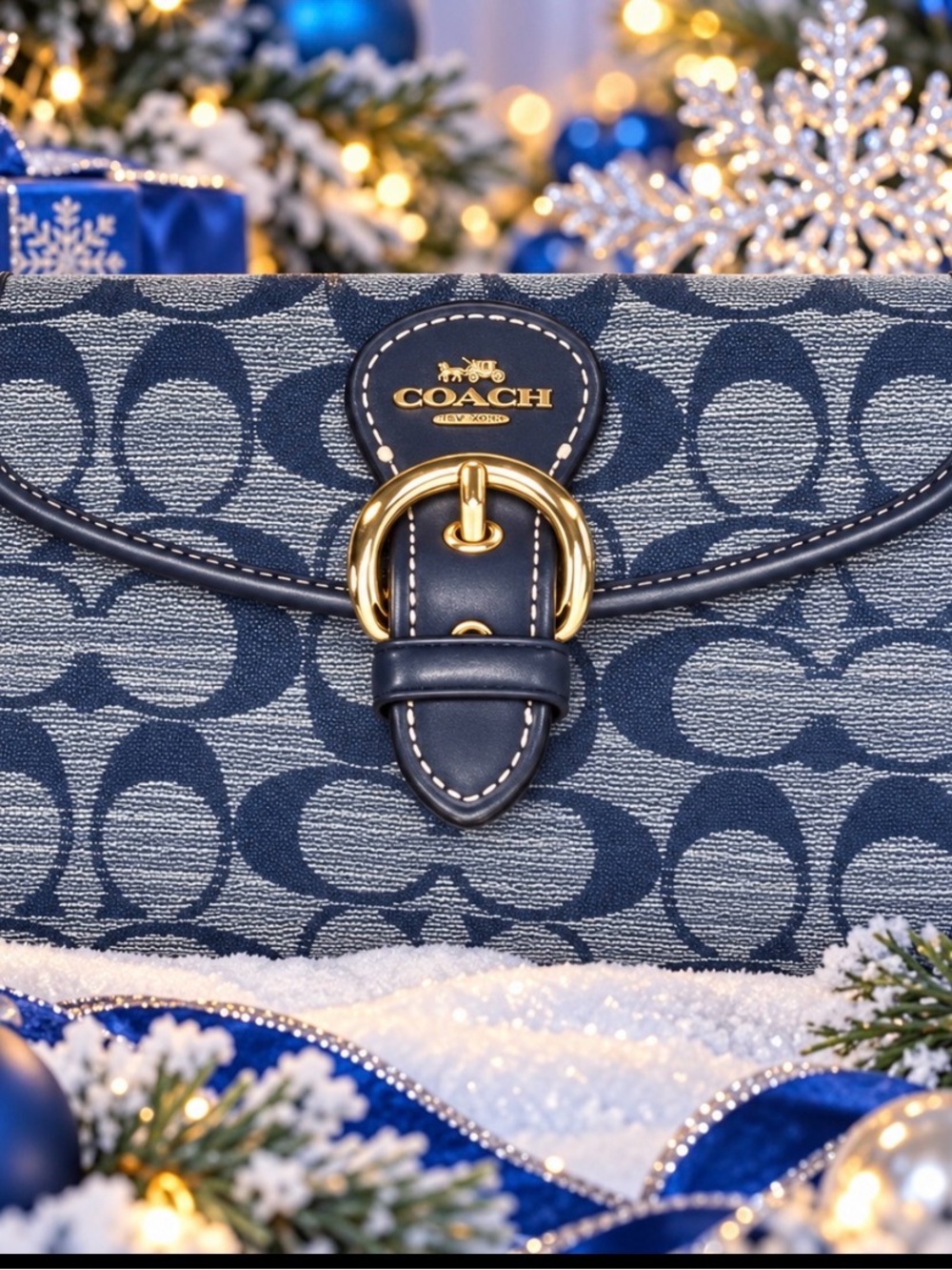 Coach Navy Signature Canvas wallet with Gold Buckle EUC
